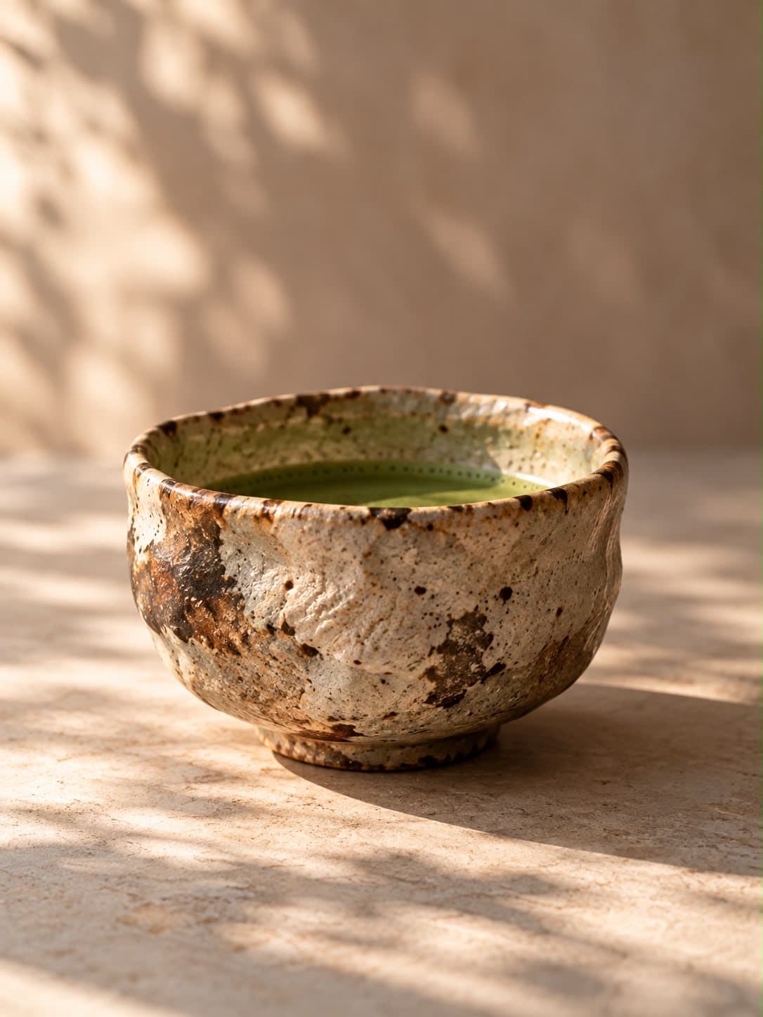 Ręcznie szkliwiony ceramiczny chawan, łapiący miękkie światło wzdłuż brzegu naczynia.