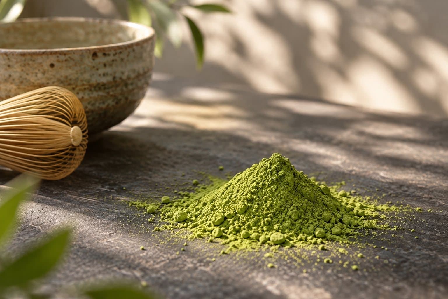 Sterta jasnozielonego proszku matcha na ciemnym tle, z widoczną drobną, jednolitą fakturą.