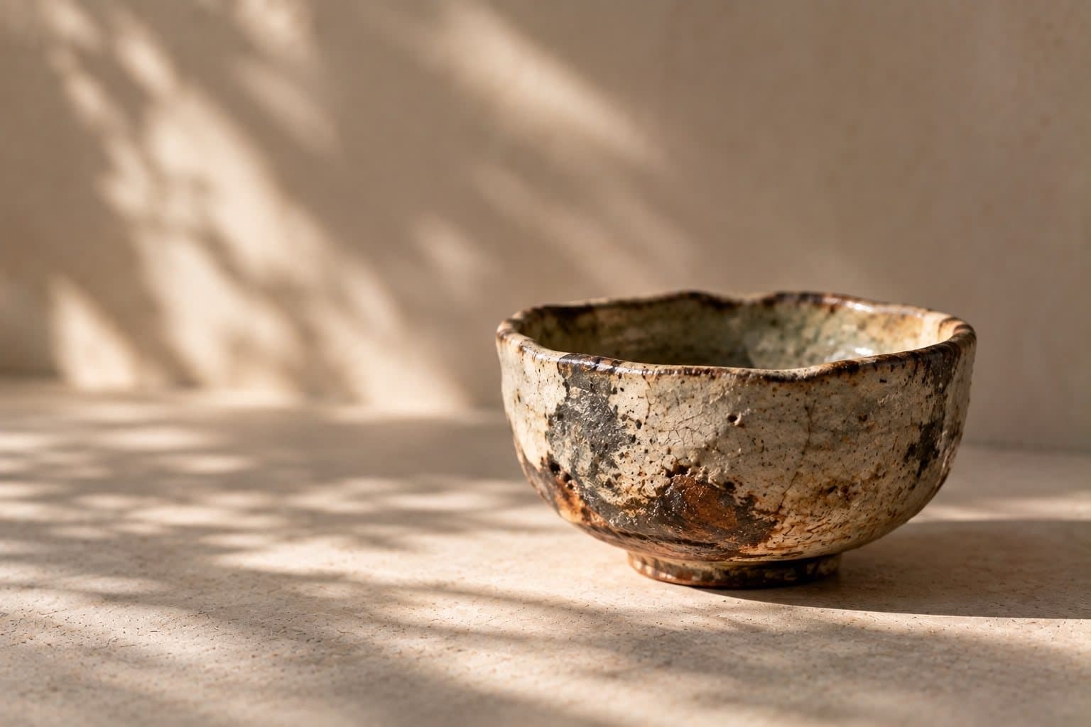 Nierówna, ręcznie formowana ceramiczna miska o chropowatej, niedoskonałej powierzchni.