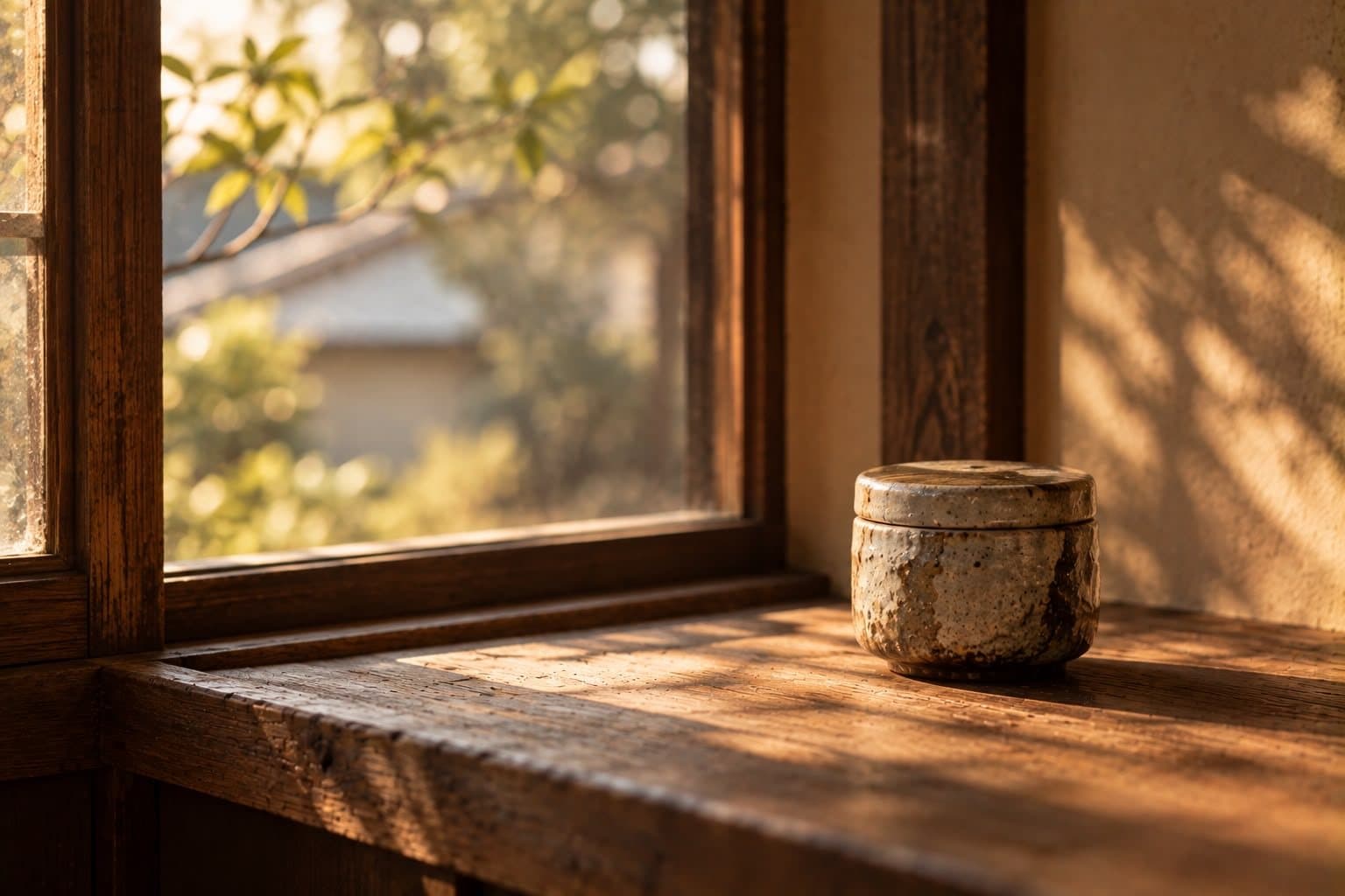 Stary, drewniany parapet w ciepłym świetle, z niewielkim ceramicznym pojemnikiem na matchę.