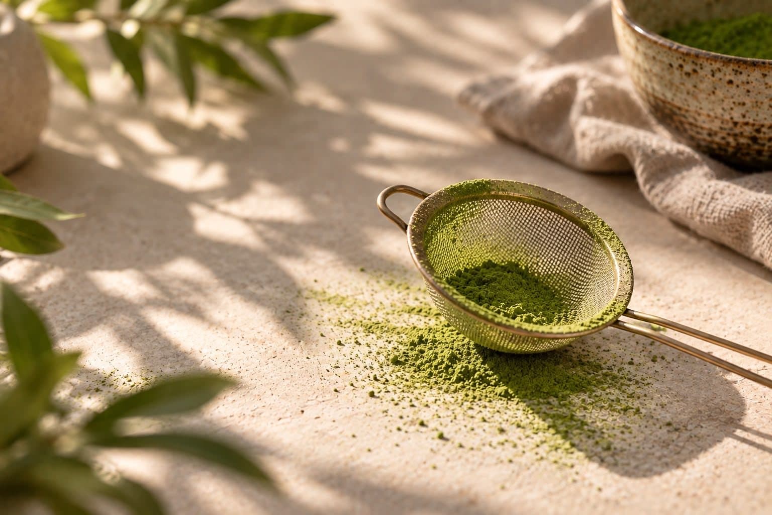 Małe, drobne sitko do przesiewania, oprószone jasnozielonym proszkiem matcha.