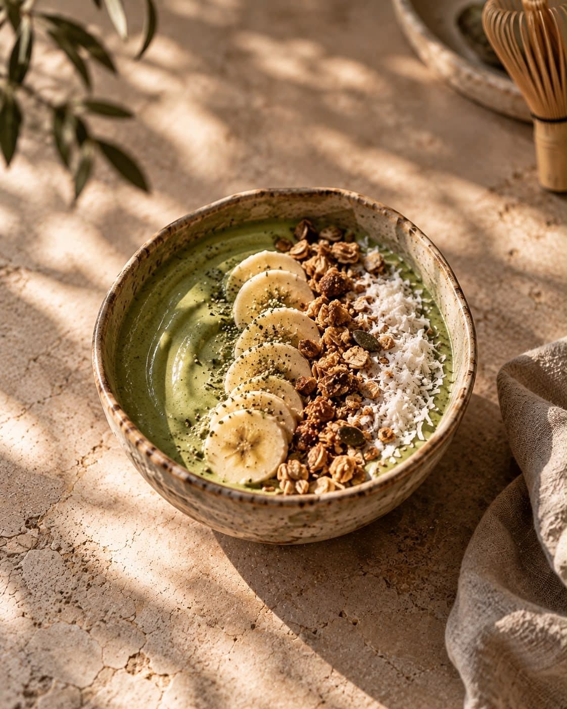 Miska gęstego, jasnozielonego smoothie z ułożonymi na wierzchu plastrami banana, granolą i wiórkami kokosa.